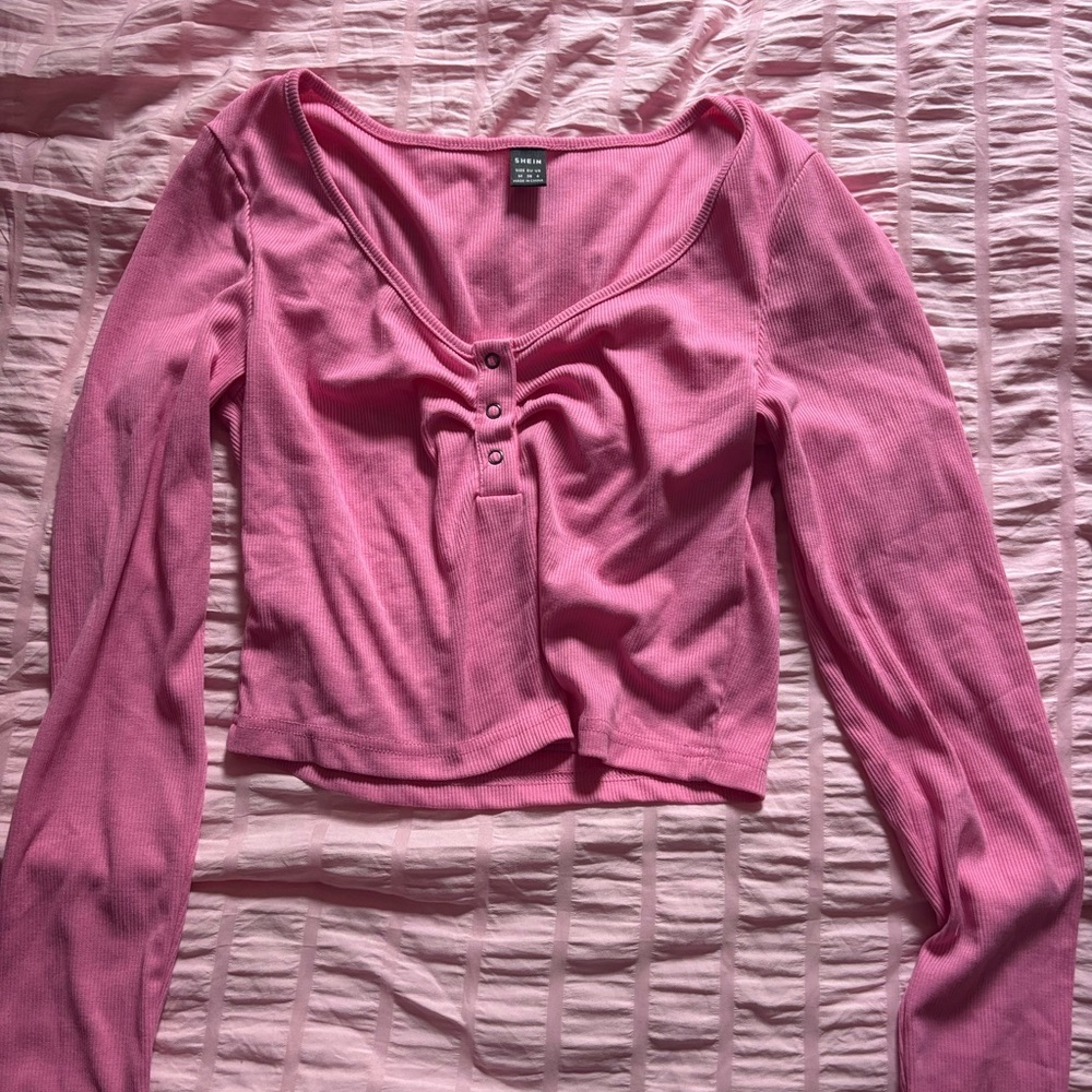 SHEIN Pink V-Neck Long Sleeve Blouse